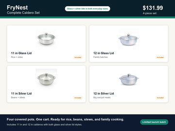 FryNest Complete Caldero Set - 11 & 12 Inch Glass and Silver Lid Covered Pots