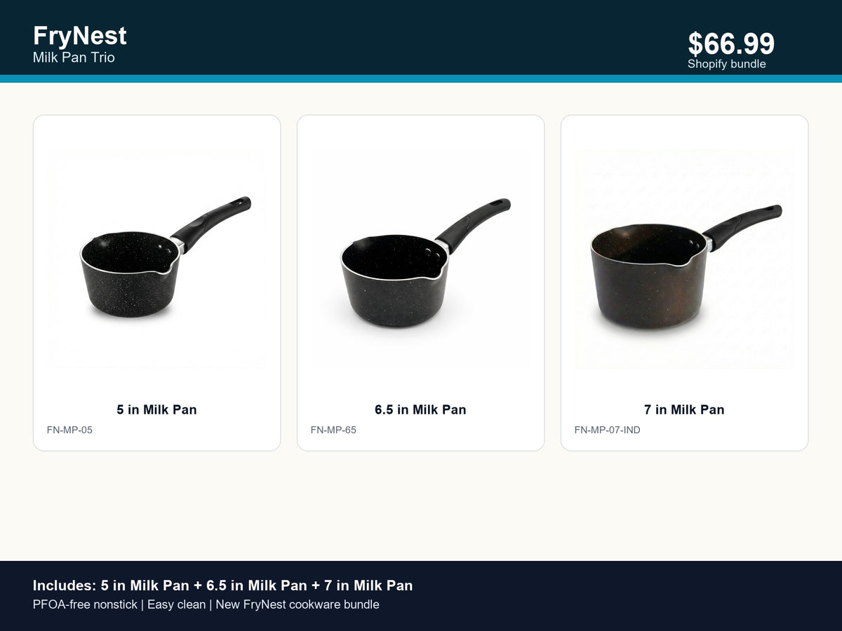FryNest Milk Pan Trio - 5, 6.5 & 7 Inch Nonstick Pour-Spout Saucepan Set