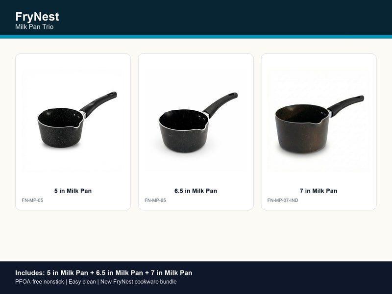 FryNest Milk Pan Trio - 5, 6.5 & 7 Inch Nonstick Pour-Spout Saucepan Set