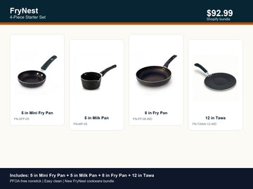 FryNest 4-Piece Starter Cookware Set - Mini Pan, Milk Pan, Fry Pan & Tawa