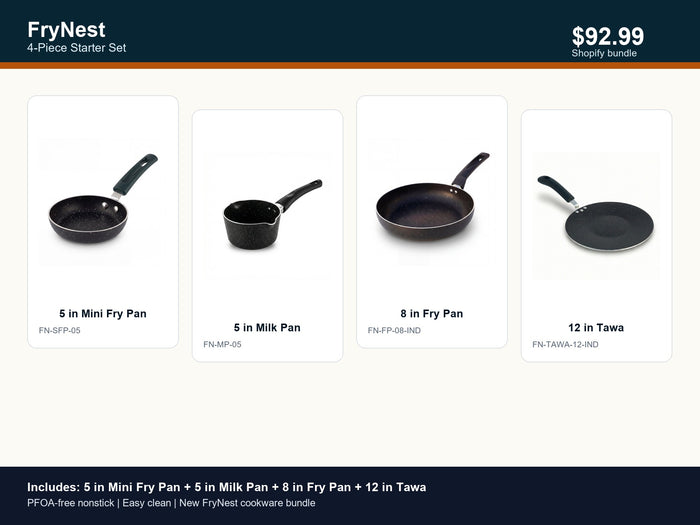 FryNest 4-Piece Starter Cookware Set - Mini Pan, Milk Pan, Fry Pan & Tawa