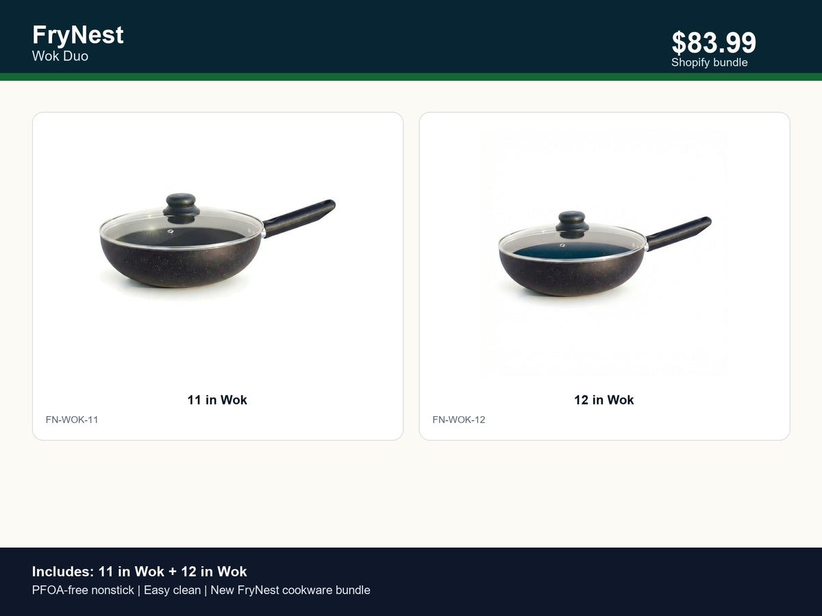 FryNest Wok Duo - 11 & 12 Inch Nonstick Wok Set with Glass Lids