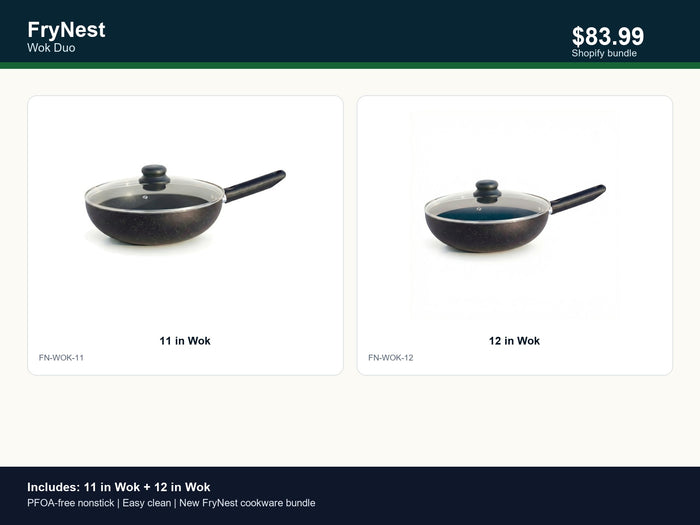 FryNest Wok Duo - 11 & 12 Inch Nonstick Wok Set with Glass Lids