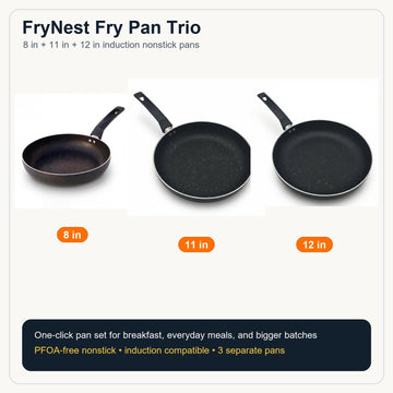 FryNest Fry Pan Trio - 8, 11 & 12 Inch Induction Nonstick Skillet Set